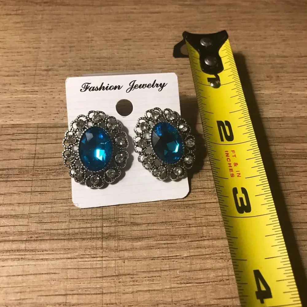 Vintage Victorian Blue Oval Silver Heart Rhinestone Earrings